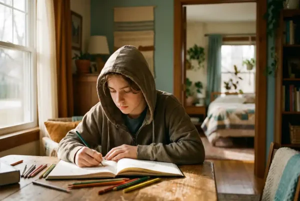 Teenager am Holztisch in einer Wohngruppe, Skizzenbuch offen, bunte Stifte verstreut, warmes Fensterlicht, geborgene Atmosphäre.