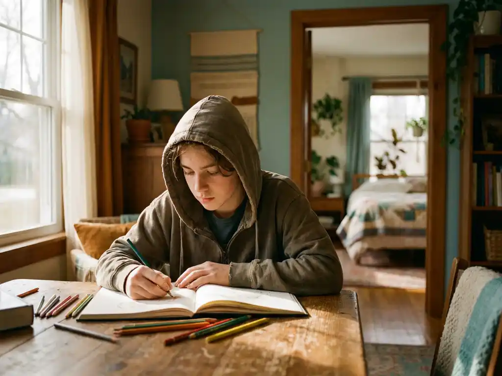 Teenager am Holztisch in einer Wohngruppe, Skizzenbuch offen, bunte Stifte verstreut, warmes Fensterlicht, geborgene Atmosphäre.