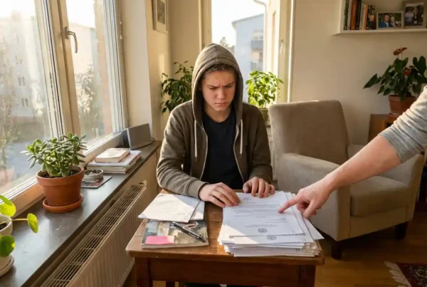 Teenager überprüft Dokumente am Holzschreibtisch mit Sozialarbeiter-Unterstützung in hellem Wohnzimmer