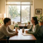 Jugendlicher im Gespräch mit einer Sozialarbeiterin an einem Schreibtisch mit Kaffeetasse und Akte, warmes Nachmittagslicht.