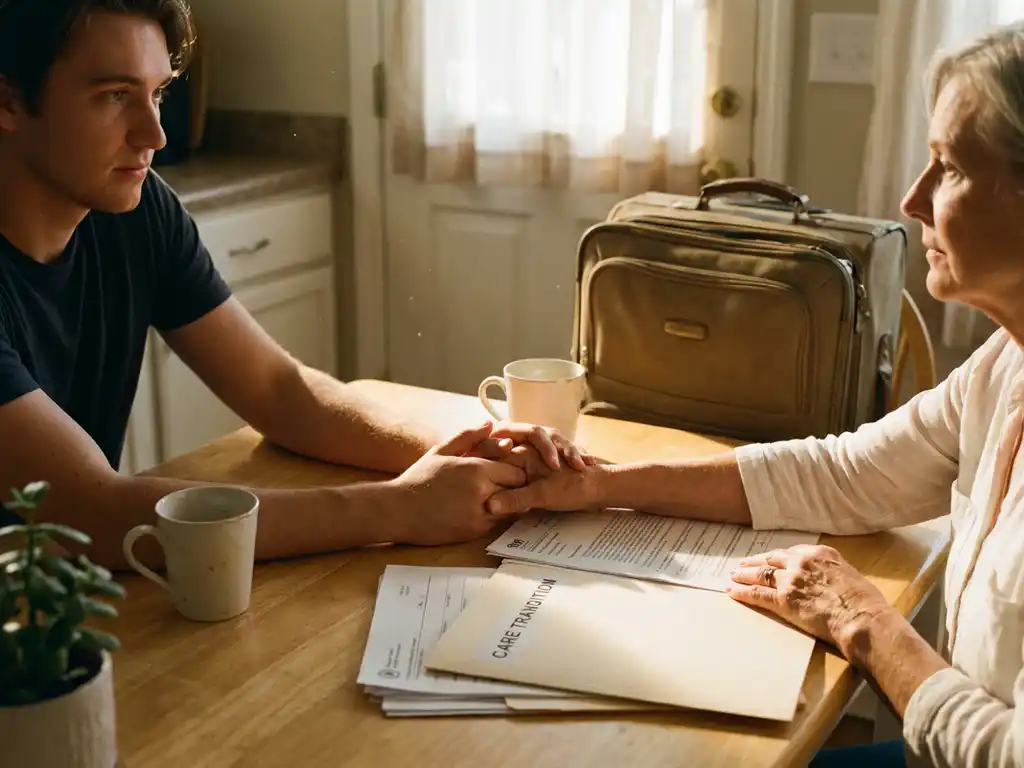 Junger Erwachsener und Sozialarbeiter bei Betreuungsübergang, Hände über Dokumenten, Koffer im Hintergrund
