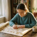 Jugendlicher studiert handgezeichnete Karte mit Wohnoptionen an Holztisch, warme Tasse daneben, sanftes Nachmittagslicht.