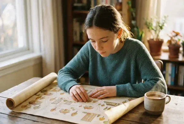 Jugendlicher studiert handgezeichnete Karte mit Wohnoptionen an Holztisch, warme Tasse daneben, sanftes Nachmittagslicht.