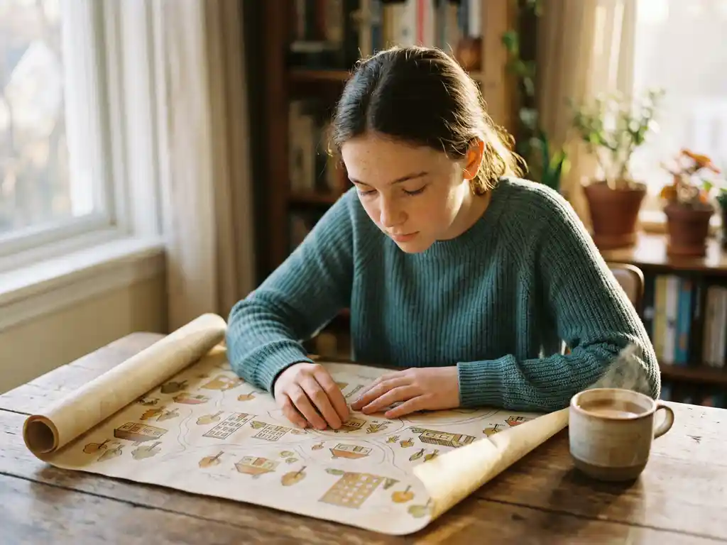 Jugendlicher studiert handgezeichnete Karte mit Wohnoptionen an Holztisch, warme Tasse daneben, sanftes Nachmittagslicht.