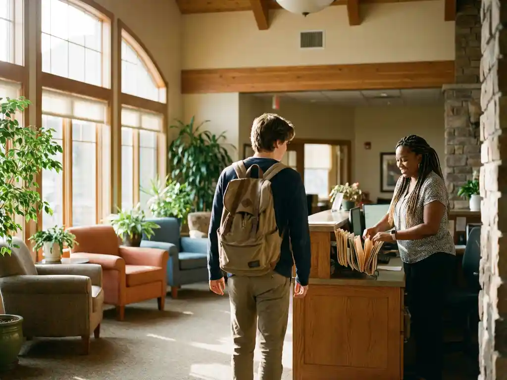 Jugendlicher mit Rucksack betritt warme Wohneinrichtung, Mitarbeiter am Empfang, helle Lobby mit Pflanzen