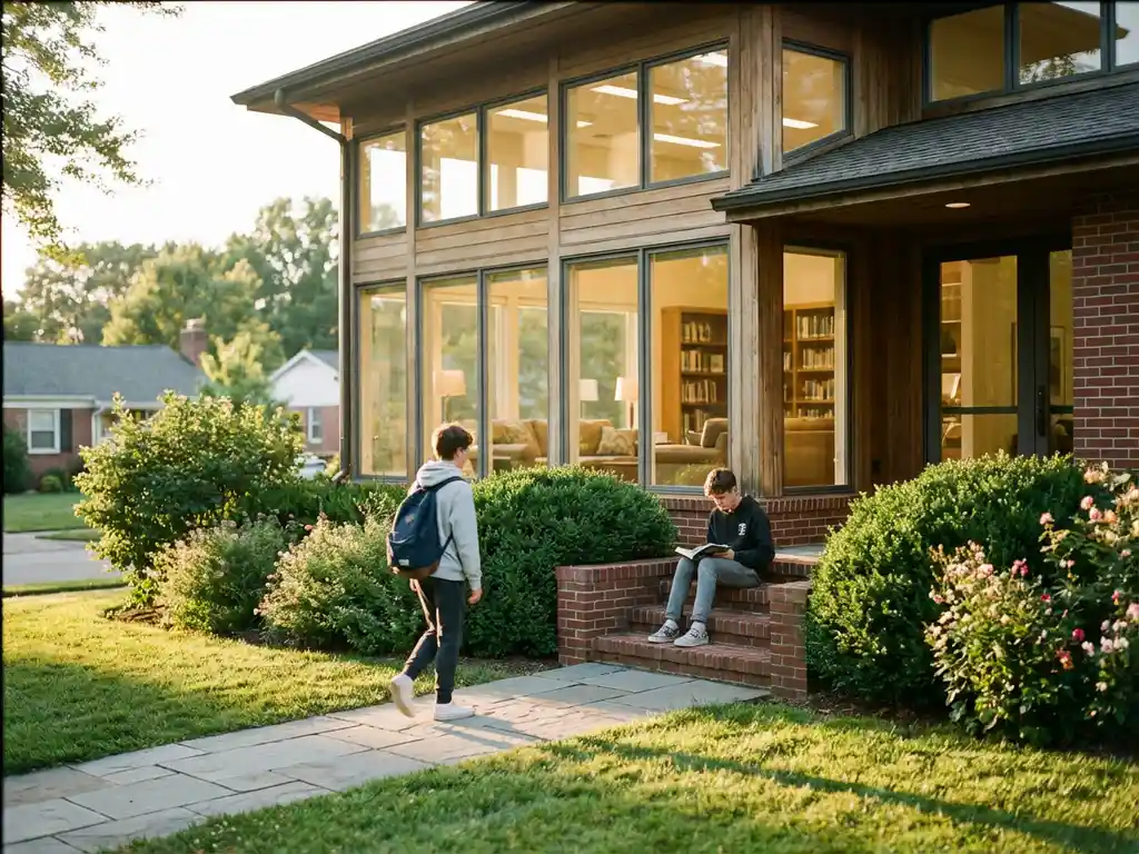 Jugendliche vor modernem Wohnheim mit großen Fenstern, einer geht den Weg entlang, anderer liest auf Stufen