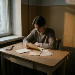 Junger Mensch sitzt allein am Küchentisch mit geöffnetem Brief und Dokumenten, warmes Nachmittagslicht, nachdenkliche Stimmung.