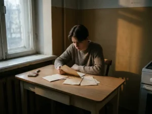 Junger Mensch sitzt allein am Küchentisch mit geöffnetem Brief und Dokumenten, warmes Nachmittagslicht, nachdenkliche Stimmung.