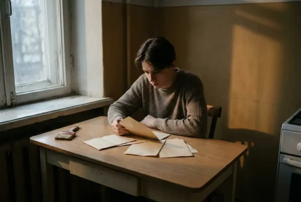 Junger Mensch sitzt allein am Küchentisch mit geöffnetem Brief und Dokumenten, warmes Nachmittagslicht, nachdenkliche Stimmung.