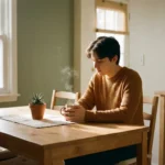 Junger Mensch hält Kaffeebecher an Küchentisch mit Sukkulente, warmes Morgenlicht, ruhige häusliche Atmosphäre.