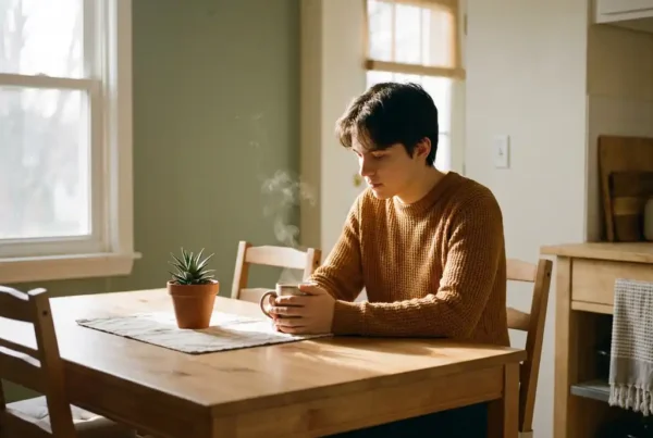 Junger Mensch hält Kaffeebecher an Küchentisch mit Sukkulente, warmes Morgenlicht, ruhige häusliche Atmosphäre.
