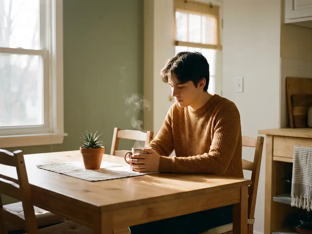 Junger Mensch hält Kaffeebecher an Küchentisch mit Sukkulente, warmes Morgenlicht, ruhige häusliche Atmosphäre.