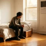 Nachdenkliche junge Person sitzt auf Bett neben Koffer in sonnendurchflutetem Zimmer mit Holzboden und Kalender an Wand