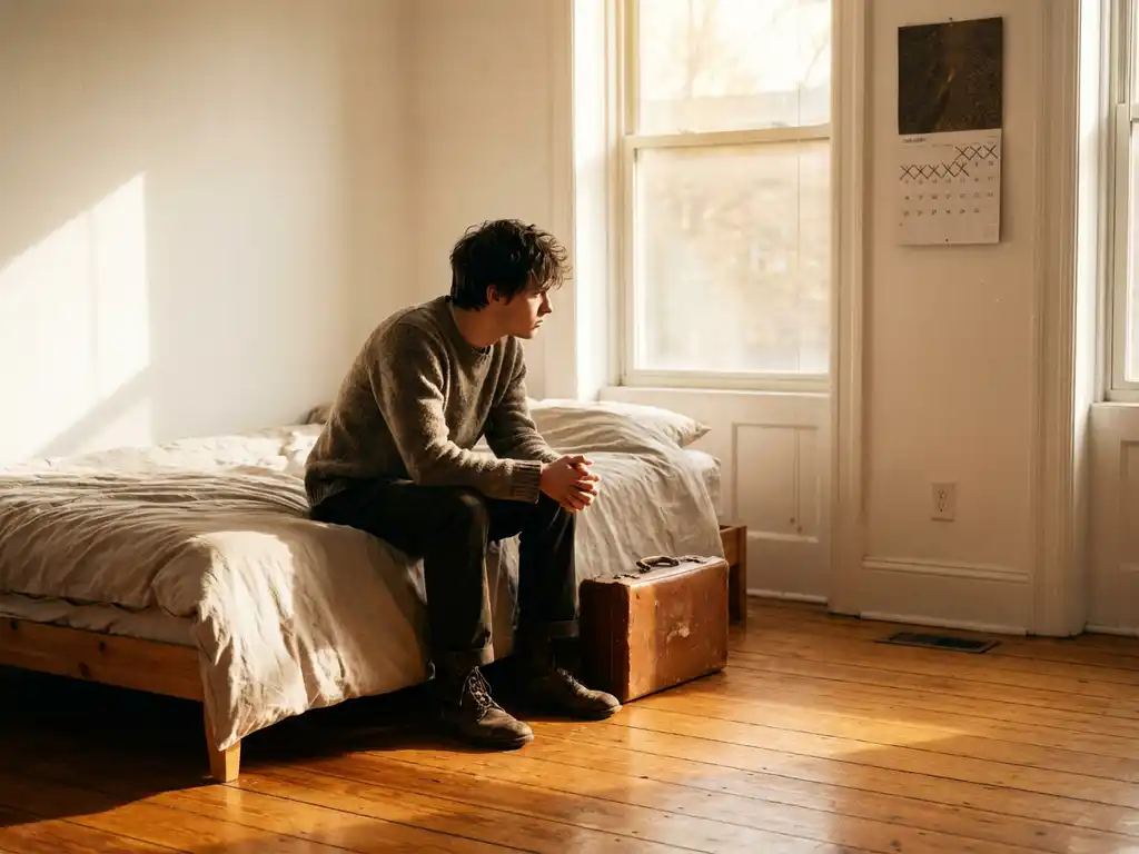 Nachdenkliche junge Person sitzt auf Bett neben Koffer in sonnendurchflutetem Zimmer mit Holzboden und Kalender an Wand