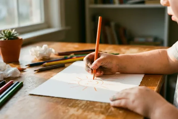 Kinderhand hält bunten Stift und zeichnet strahlende Sonne auf weißes Papier, Kunstmaterialien und Topfpflanze auf Holztisch.