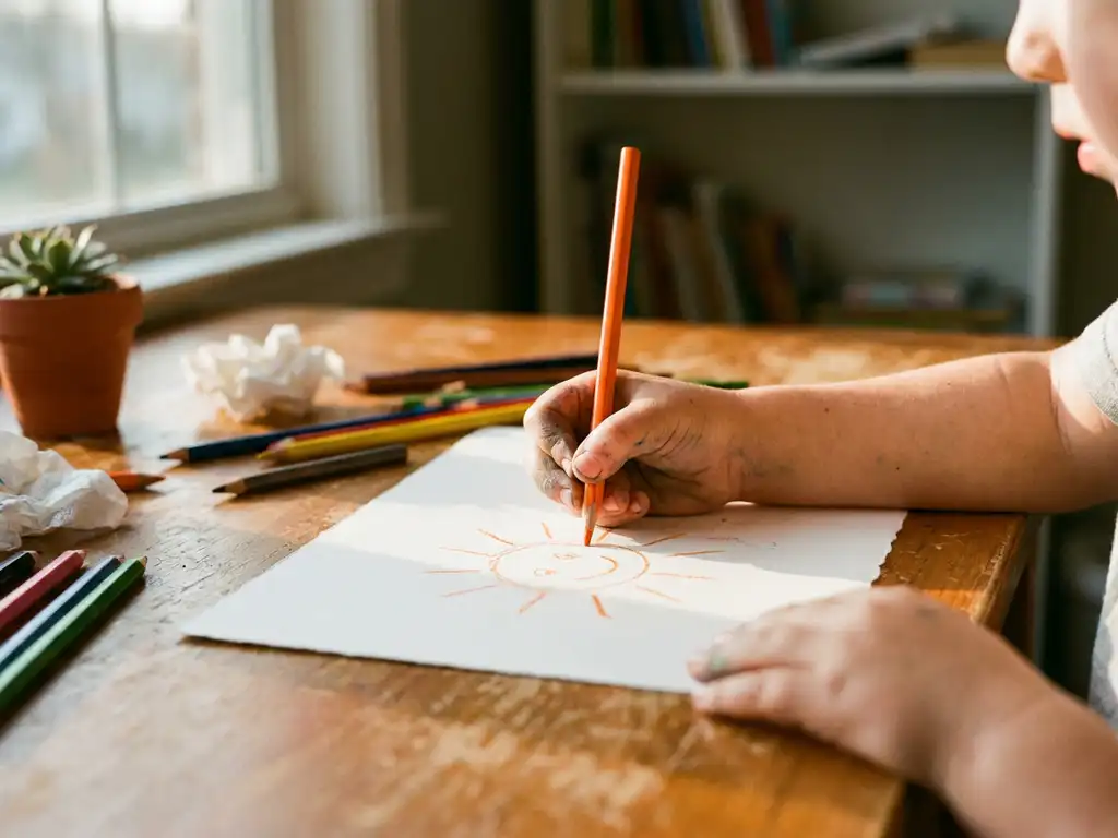 Kinderhand hält bunten Stift und zeichnet strahlende Sonne auf weißes Papier, Kunstmaterialien und Topfpflanze auf Holztisch.