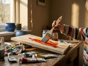 Kinderhand hält bunten Pinsel beim Malen auf Leinwand, Kunstmaterialien auf verwittertem Holztisch im warmen Nachmittagslicht.