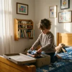 Kind packt Koffer auf Holzbett bei warmem Nachmittagslicht in gemütlichem Kinderzimmer mit bunten Wandbildern