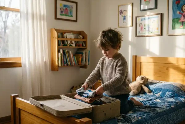 Kind packt Koffer auf Holzbett bei warmem Nachmittagslicht in gemütlichem Kinderzimmer mit bunten Wandbildern