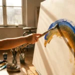 Kinderhand mit Pinsel malt kräftigen Farbschwung auf Leinwand in sonnendurchflutetem Berliner Kunstatelier.