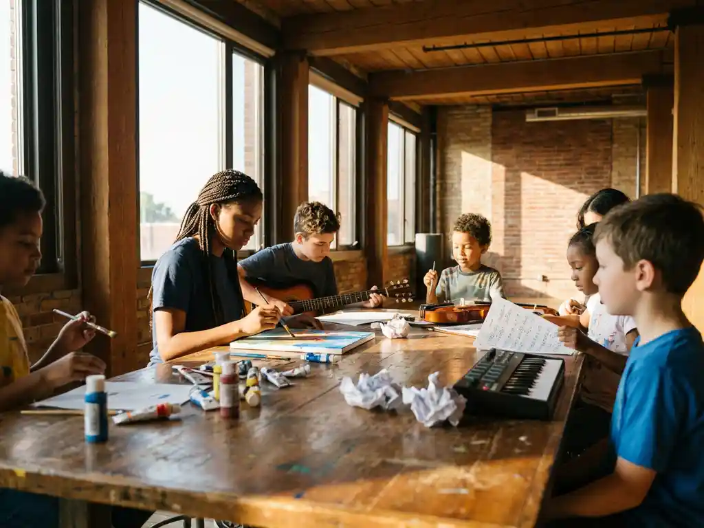 Diverse Kinder und Jugendliche malen und musizieren gemeinsam an großem Holztisch in sonnendurchflutetem Gemeindezentrum