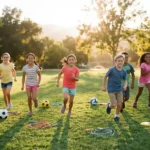 Diverse Kinder laufen fröhlich über sonnige Wiese mit buntem Sportequipment wie Fußbällen und Springseilen verstreut