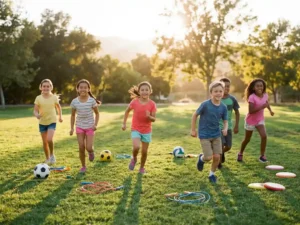 Diverse Kinder laufen fröhlich über sonnige Wiese mit buntem Sportequipment wie Fußbällen und Springseilen verstreut