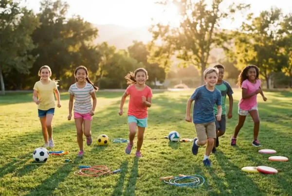 Diverse Kinder laufen fröhlich über sonnige Wiese mit buntem Sportequipment wie Fußbällen und Springseilen verstreut