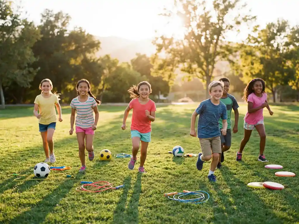 Diverse Kinder laufen fröhlich über sonnige Wiese mit buntem Sportequipment wie Fußbällen und Springseilen verstreut