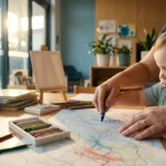 Erzieherin führt Kinderhände beim Malen mit bunten Stiften an hellem Holztisch in moderner Kita
