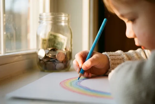 Kinderhand zeichnet bunten Bogen auf weißes Papier, im Hintergrund ein münzgefülltes Spendenglas in warmem Gegenlicht.