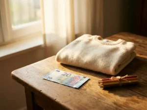 Euro-Geldschein neben gefaltetem Kinderpullover und Buntstiften auf Holztisch, warmes natürliches Licht, Konzept Kinderförderung.