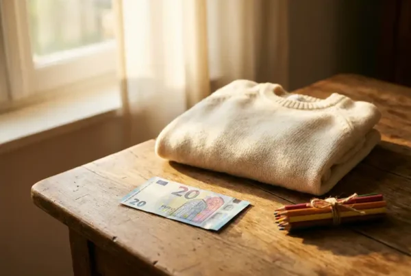 Euro-Geldschein neben gefaltetem Kinderpullover und Buntstiften auf Holztisch, warmes natürliches Licht, Konzept Kinderförderung.