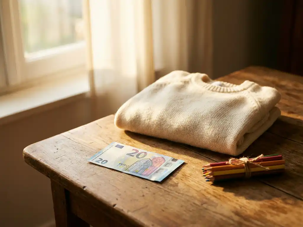 Euro-Geldschein neben gefaltetem Kinderpullover und Buntstiften auf Holztisch, warmes natürliches Licht, Konzept Kinderförderung.