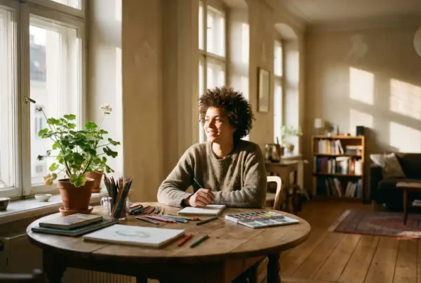 Junger Mensch sitzt selbstbewusst am Holztisch in heller Küche mit Kunstmaterialien und Topfpflanze bei goldenem Sonnenlicht
