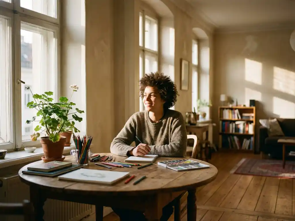 Junger Mensch sitzt selbstbewusst am Holztisch in heller Küche mit Kunstmaterialien und Topfpflanze bei goldenem Sonnenlicht
