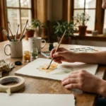 Teenager malt mit Aquarellfarben am Holztisch in gemütlichem Beratungsraum bei natürlichem Licht