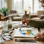 Teenager hält Pinsel und malt lebendige Aquarellstriche auf strukturiertem Papier in hellem Therapieraum