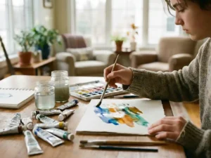 Teenager hält Pinsel und malt lebendige Aquarellstriche auf strukturiertem Papier in hellem Therapieraum