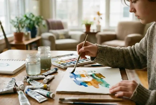 Teenager hält Pinsel und malt lebendige Aquarellstriche auf strukturiertem Papier in hellem Therapieraum