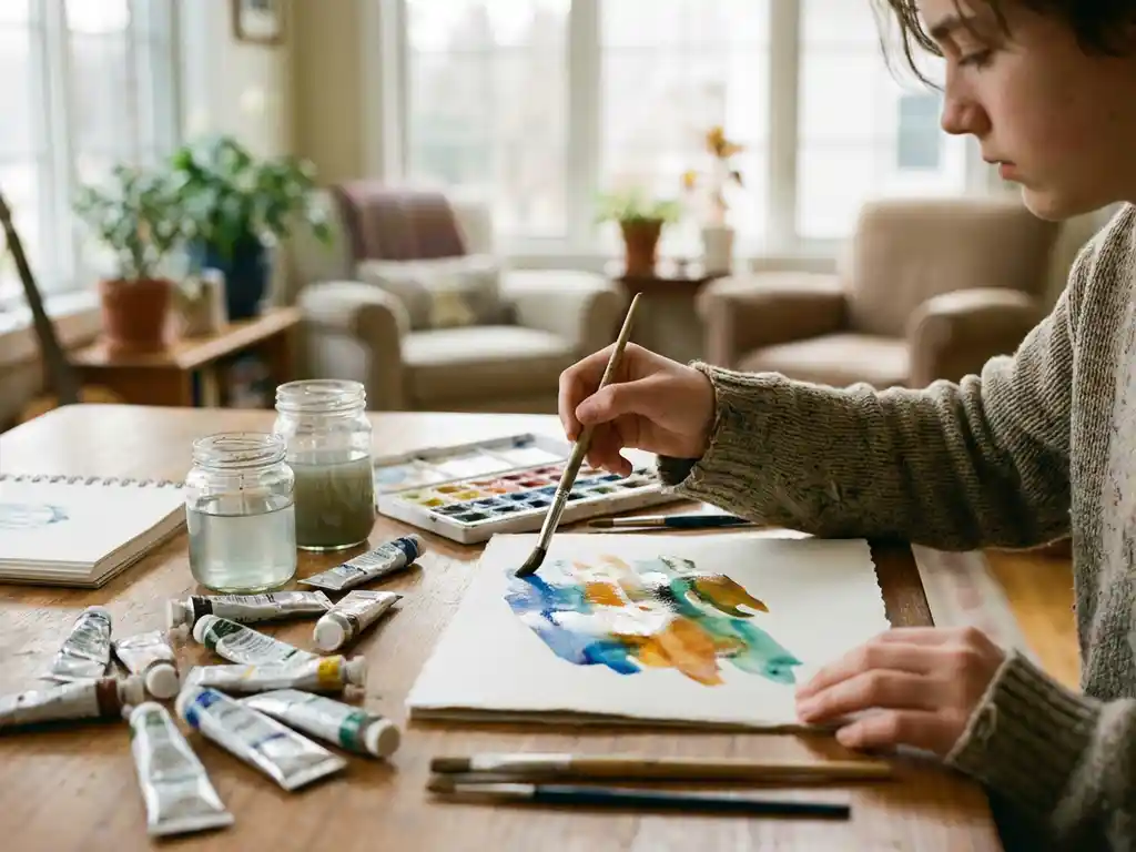 Teenager hält Pinsel und malt lebendige Aquarellstriche auf strukturiertem Papier in hellem Therapieraum