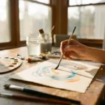 Teenager hält Pinsel und malt bunte Aquarellstriche auf Papier, Kunstmaterialien auf Holztisch in sonnigem Therapieraum