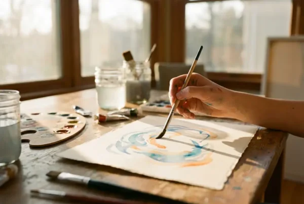 Teenager hält Pinsel und malt bunte Aquarellstriche auf Papier, Kunstmaterialien auf Holztisch in sonnigem Therapieraum