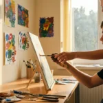 Kunsttherapeutin führt behutsam die Hand eines Teenagers beim Malen auf Leinwand in hellem Therapieraum mit bunten Wandbildern
