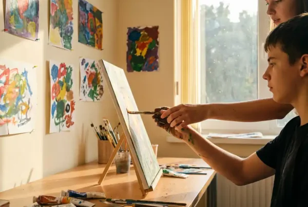 Kunsttherapeutin führt behutsam die Hand eines Teenagers beim Malen auf Leinwand in hellem Therapieraum mit bunten Wandbildern