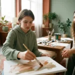 Teenager hält Pinsel und malt auf Leinwand während Kunsttherapie-Sitzung in sonnendurchflutetem Raum