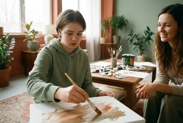 Teenager hält Pinsel und malt auf Leinwand während Kunsttherapie-Sitzung in sonnendurchflutetem Raum