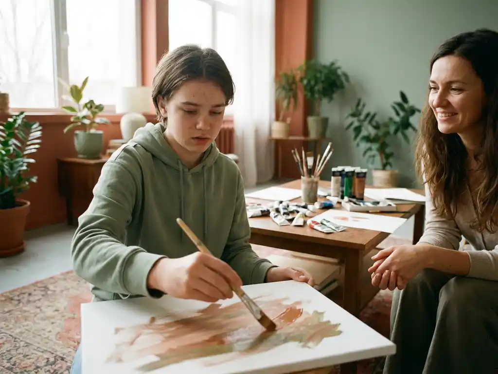 Teenager hält Pinsel und malt auf Leinwand während Kunsttherapie-Sitzung in sonnendurchflutetem Raum