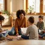 Pädagogin sitzt mit Kindern im Kreis auf buntem Teppich in moderner Jugendhilfeeinrichtung bei warmem Sonnenlicht