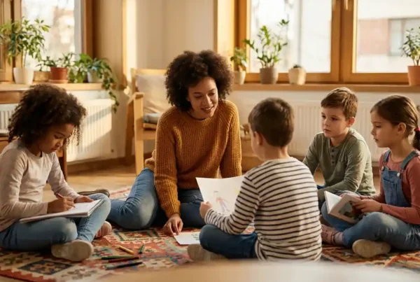 Pädagogin sitzt mit Kindern im Kreis auf buntem Teppich in moderner Jugendhilfeeinrichtung bei warmem Sonnenlicht